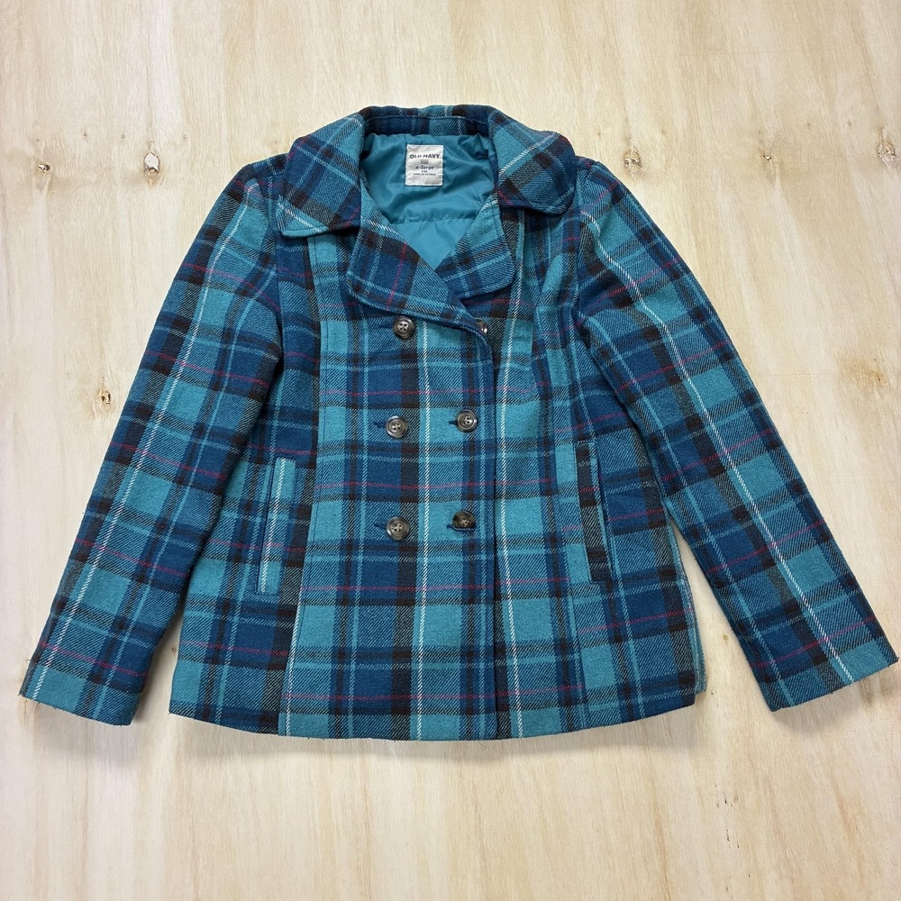 Vintage Y2K Old Navy Pea Coat Junior XL 14 Blue Plaid Wool Blend Double Breasted